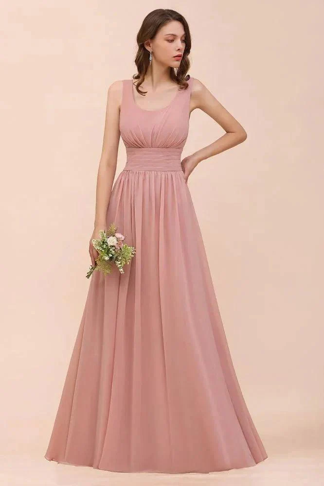 U-Neck High Waist Bridesmaid Dress Long Chiffon Formal Party Dress - Image 6