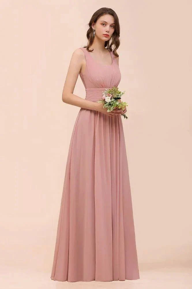 U-Neck High Waist Bridesmaid Dress Long Chiffon Formal Party Dress - Image 7
