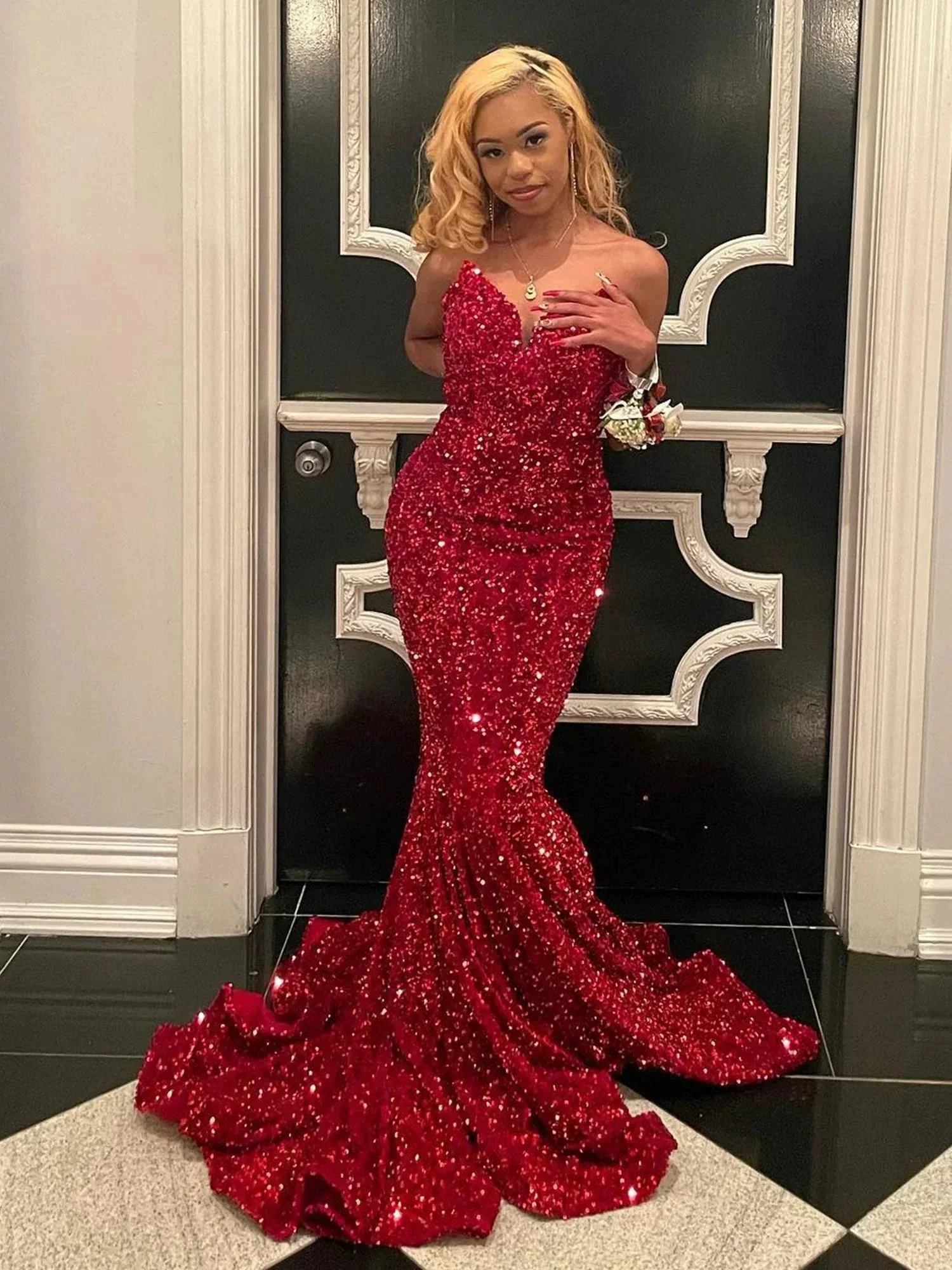 Ulissa| Red Mermaid Sweetheart Neck Sequins Long Prom Dresses - Image 2