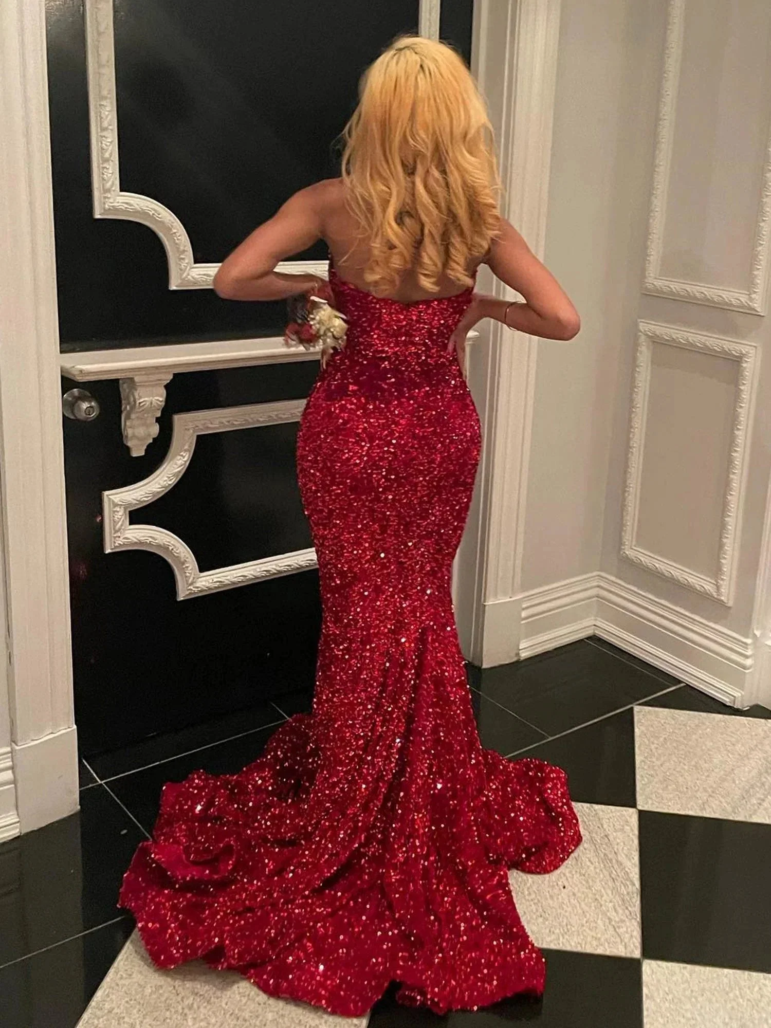 Ulissa| Red Mermaid Sweetheart Neck Sequins Long Prom Dresses - Image 3