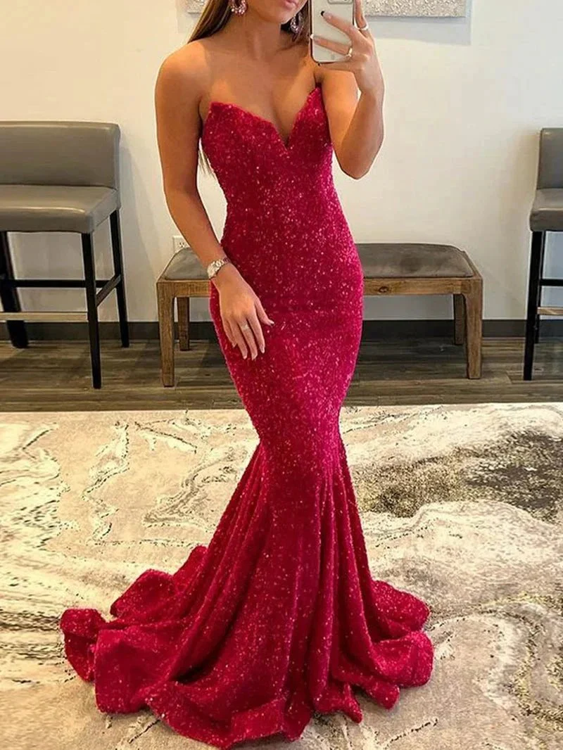 Ulissa| Red Mermaid Sweetheart Neck Sequins Long Prom Dresses - Image 9