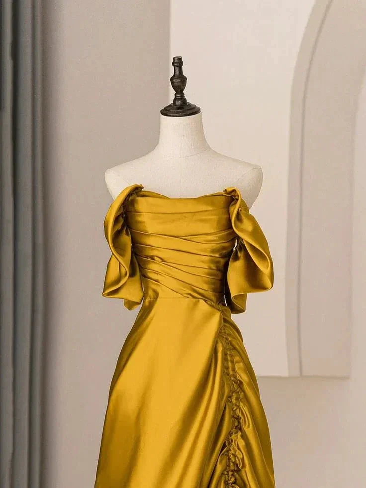 Unique A-Line Satin Long Prom Dress Off The Shoulder Pleated Evening Dress Y7599 - Image 2