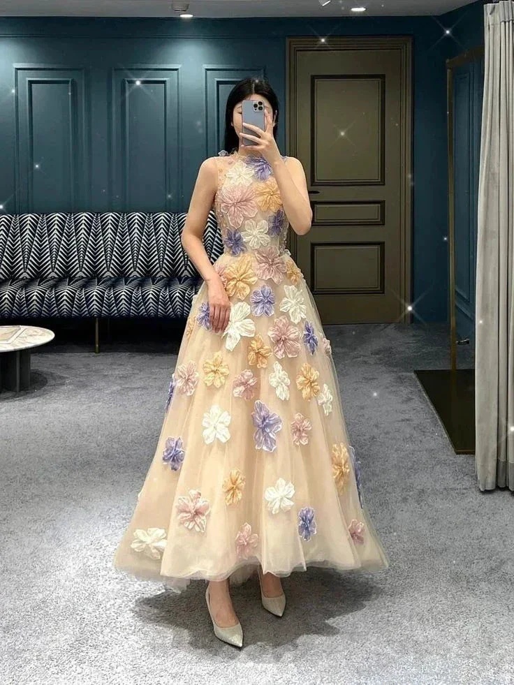 Unique A-line Tulle Prom Dress with Flowers Formal Evening Dress Y2871 - Image 2