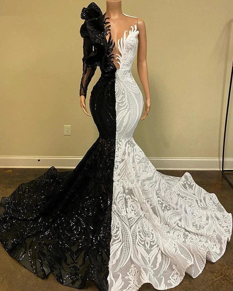 Unique Bicolor V-neck One Shoulder Long Sleeve Column Mermaid Prom Dresses - Image 4
