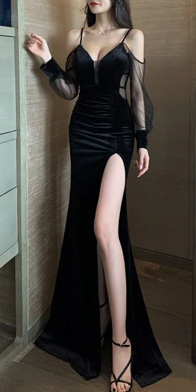 Unique black evening dress with sheer sleeves Y4526 - Image 3