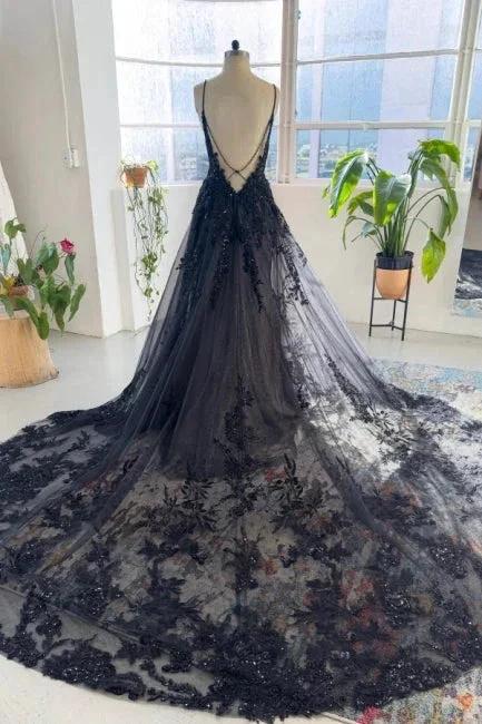 Unique black spaghetti straps sleeveless a-line lace sequined Wedding Dress - Image 2