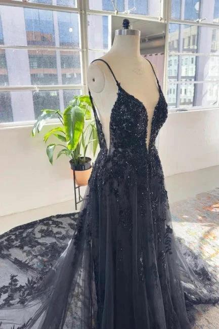 Unique black spaghetti straps sleeveless a-line lace sequined Wedding Dress - Image 3
