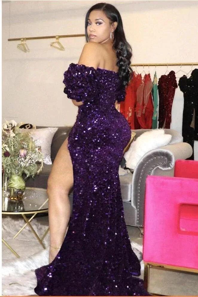 Unique Black V-neck Off-the-Shoulder Sequins Asymmetrical Column Prom Dresses - Image 2