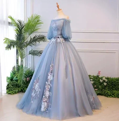 Unique blue tulle lace long prom dress blue evening dress S13770 - Image 2