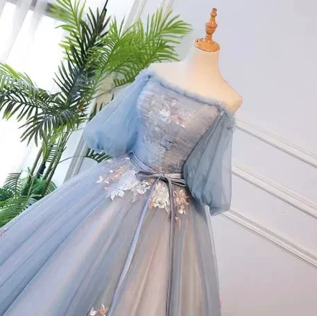 Unique blue tulle lace long prom dress blue evening dress S13770 - Image 3