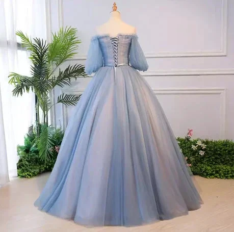Unique blue tulle lace long prom dress blue evening dress S13770 - Image 4