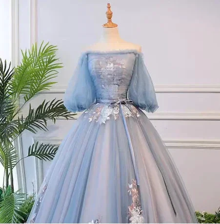 Unique blue tulle lace long prom dress blue evening dress S13770 - Image 5
