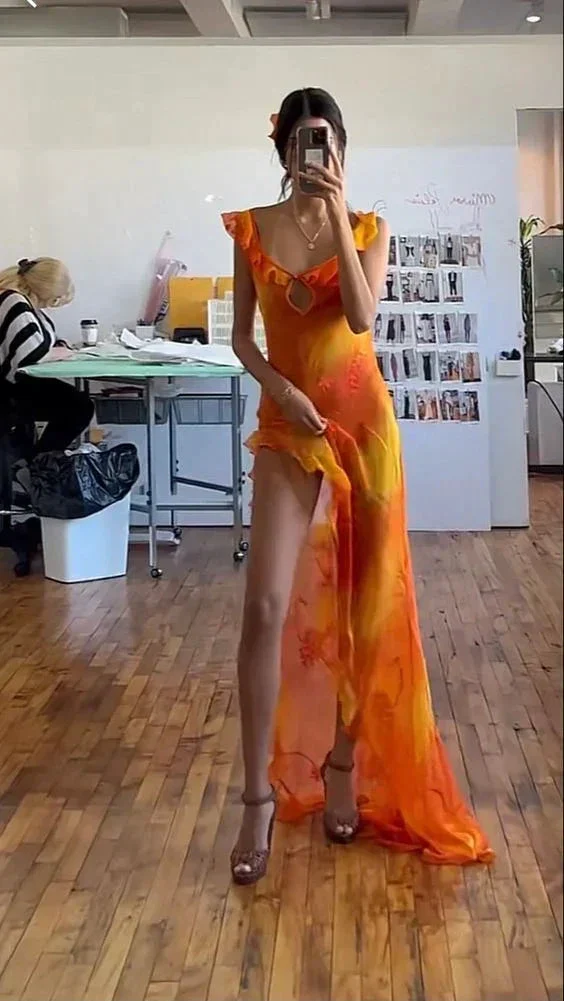 Unique Chiffon Ruffles Slit Long Prom Dress Party Evening Dress Y7497 - Image 2