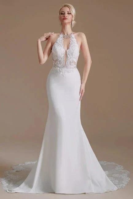 Unique Halter Sleeveless Mermaid Floor-Length Satin Wedding Dresses with Pattern - Image 2