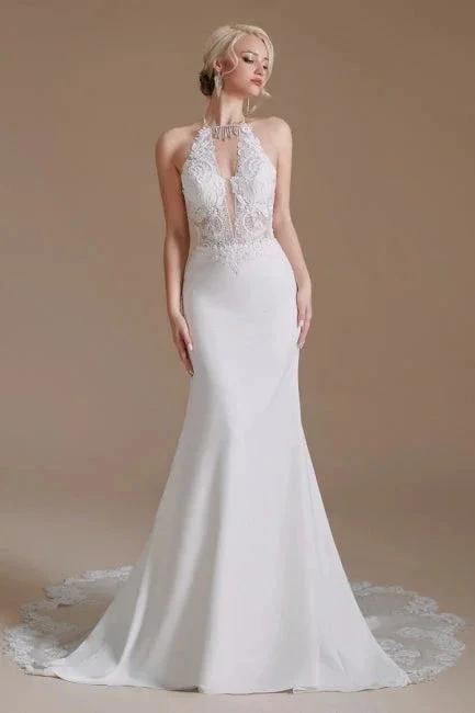 Unique Halter Sleeveless Mermaid Floor-Length Satin Wedding Dresses with Pattern - Image 4