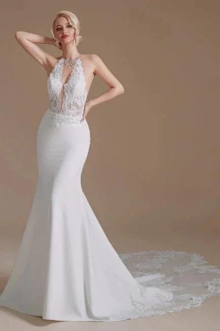 Unique Halter Sleeveless Mermaid Floor-Length Satin Wedding Dresses with Pattern - Image 5