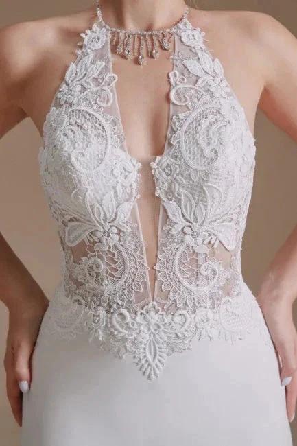 Unique Halter Sleeveless Mermaid Floor-Length Satin Wedding Dresses with Pattern - Image 6