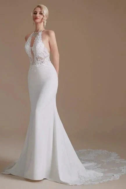 Unique Halter Sleeveless Mermaid Floor-Length Satin Wedding Dresses with Pattern - Image 7