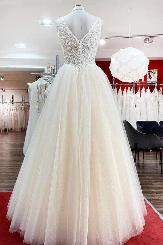 Unique Ivory Long Princess V-neck Tulle Lace Wedding Dress - Image 2