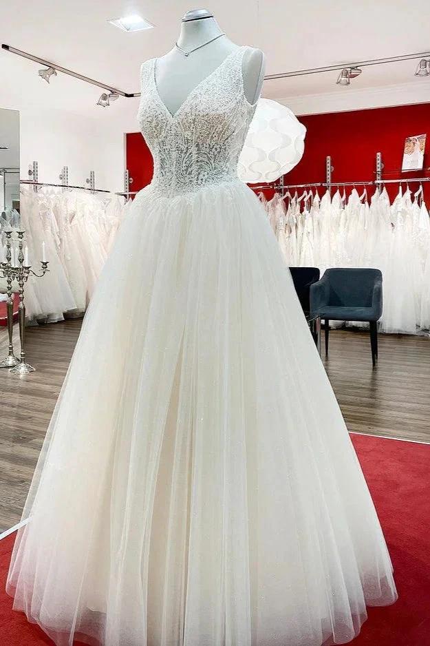 Unique Ivory Long Princess V-neck Tulle Lace Wedding Dress - Image 3