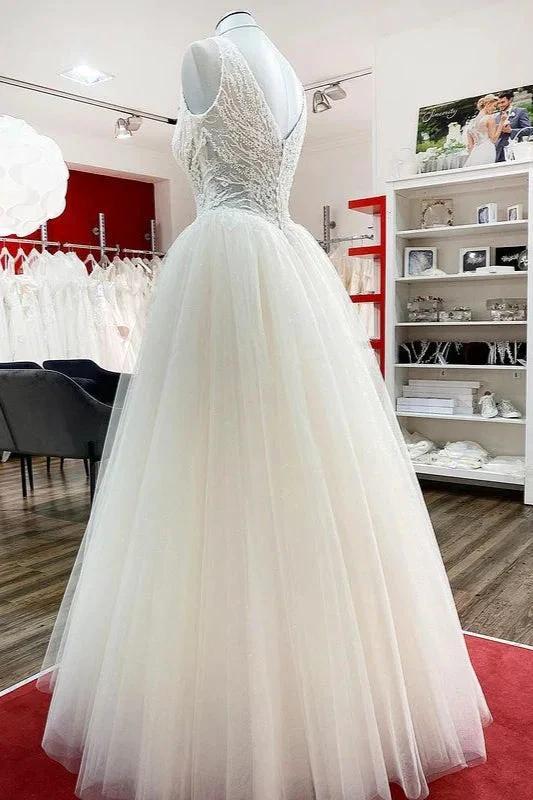 Unique Ivory Long Princess V-neck Tulle Lace Wedding Dress - Image 4