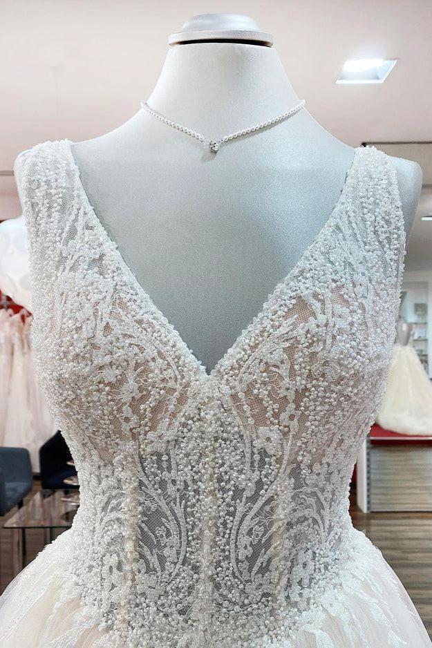Unique Ivory Long Princess V-neck Tulle Lace Wedding Dress - Image 5