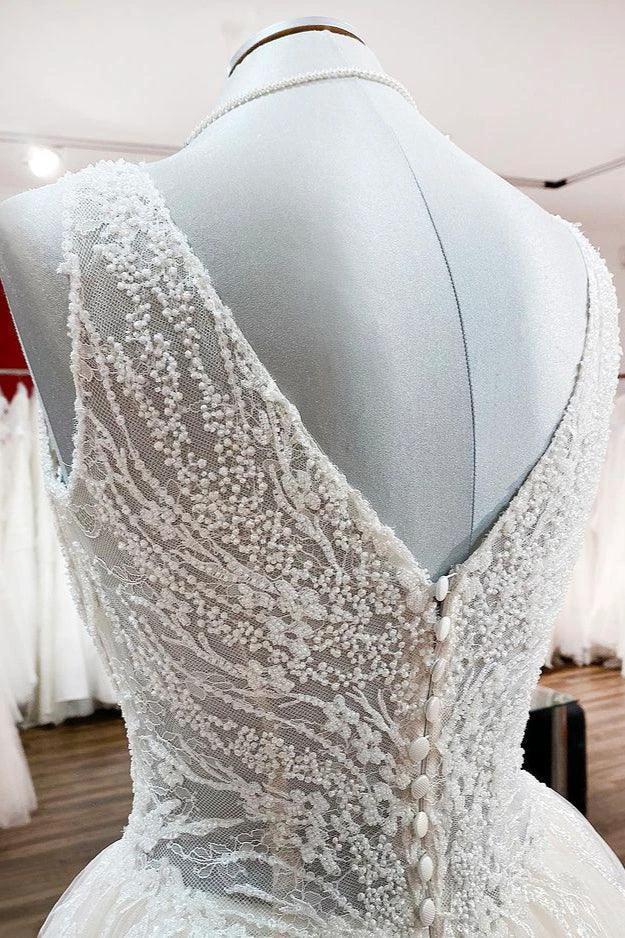 Unique Ivory Long Princess V-neck Tulle Lace Wedding Dress - Image 6