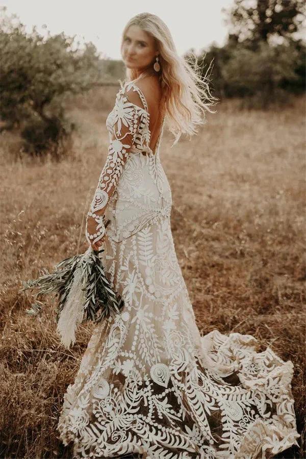 Sheath Unique Lace Long Sleeves Bohemian Wedding Dress  WD752 - Image 2