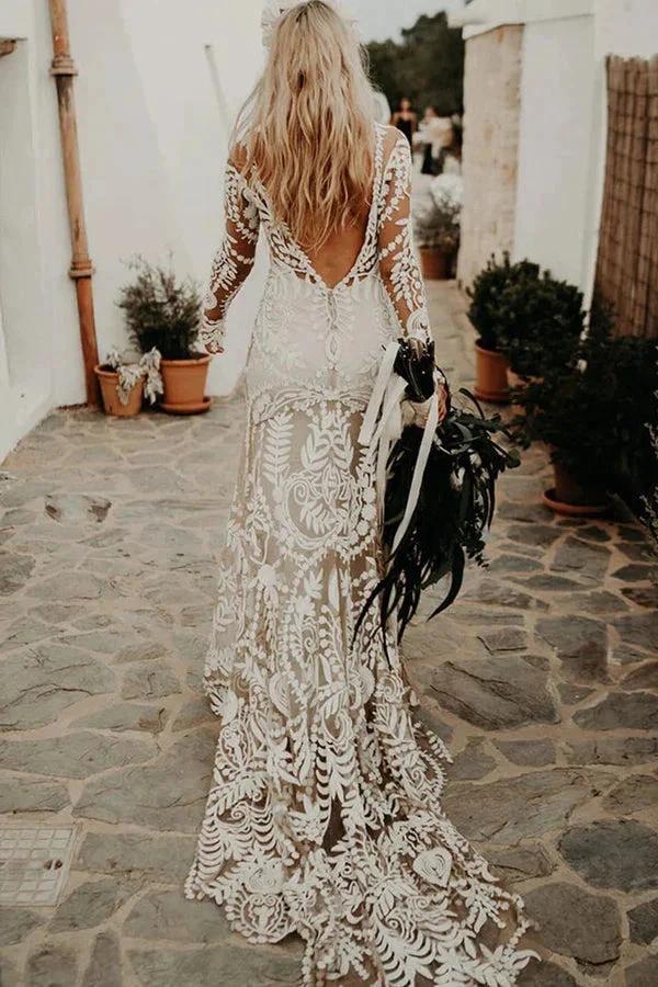 Sheath Unique Lace Long Sleeves Bohemian Wedding Dress  WD752 - Image 3