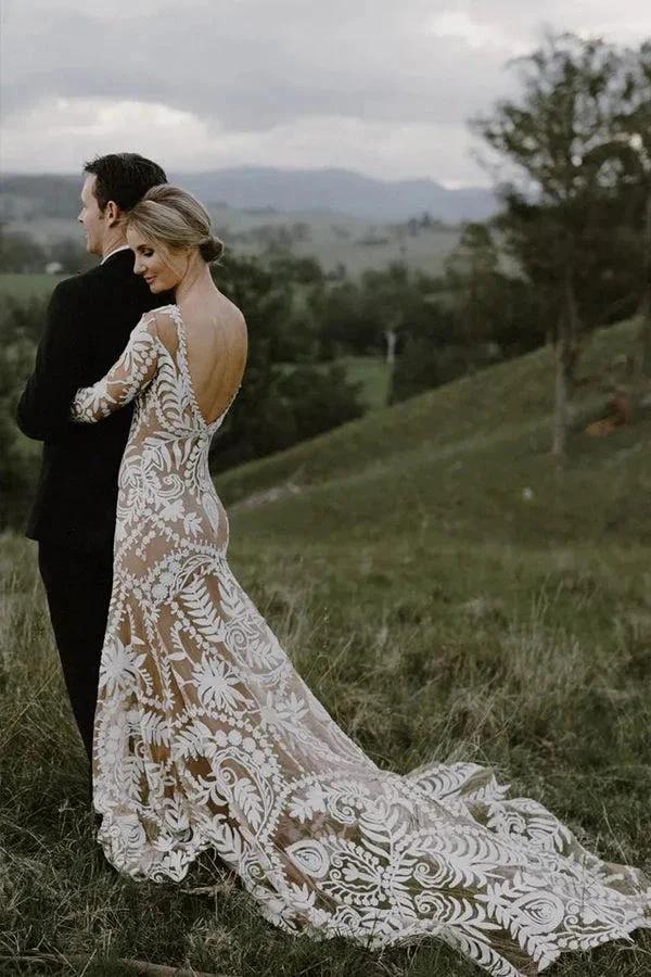 Sheath Unique Lace Long Sleeves Bohemian Wedding Dress  WD752 - Image 4
