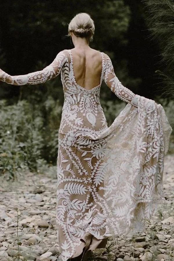 Sheath Unique Lace Long Sleeves Bohemian Wedding Dress  WD752 - Image 5