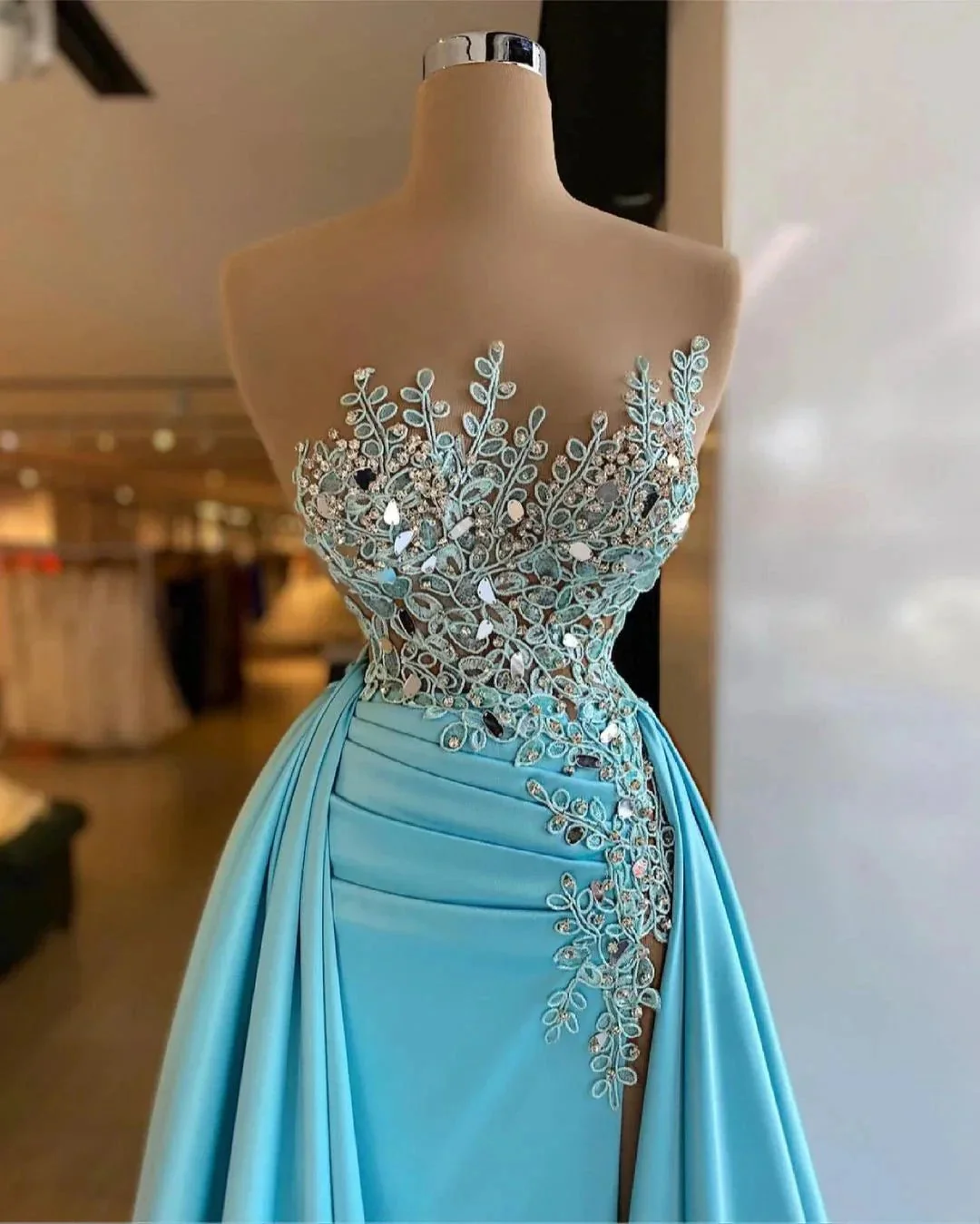 Unique Long A-line Bateau Appliques Crystal Ruffles Prom Dress - Image 2