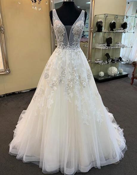 Unique Long A-line Tulle V Neck Beaded Lace Wedding Dress - Image 2