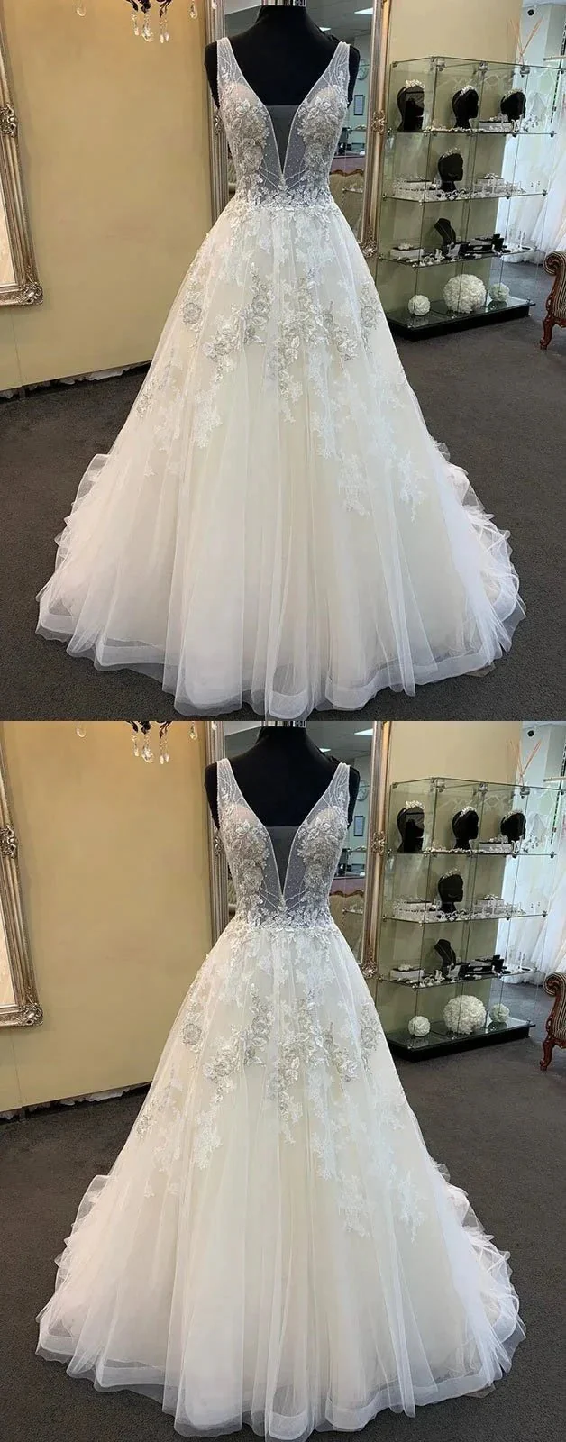 Unique Long A-line Tulle V Neck Beaded Lace Wedding Dress - Image 3