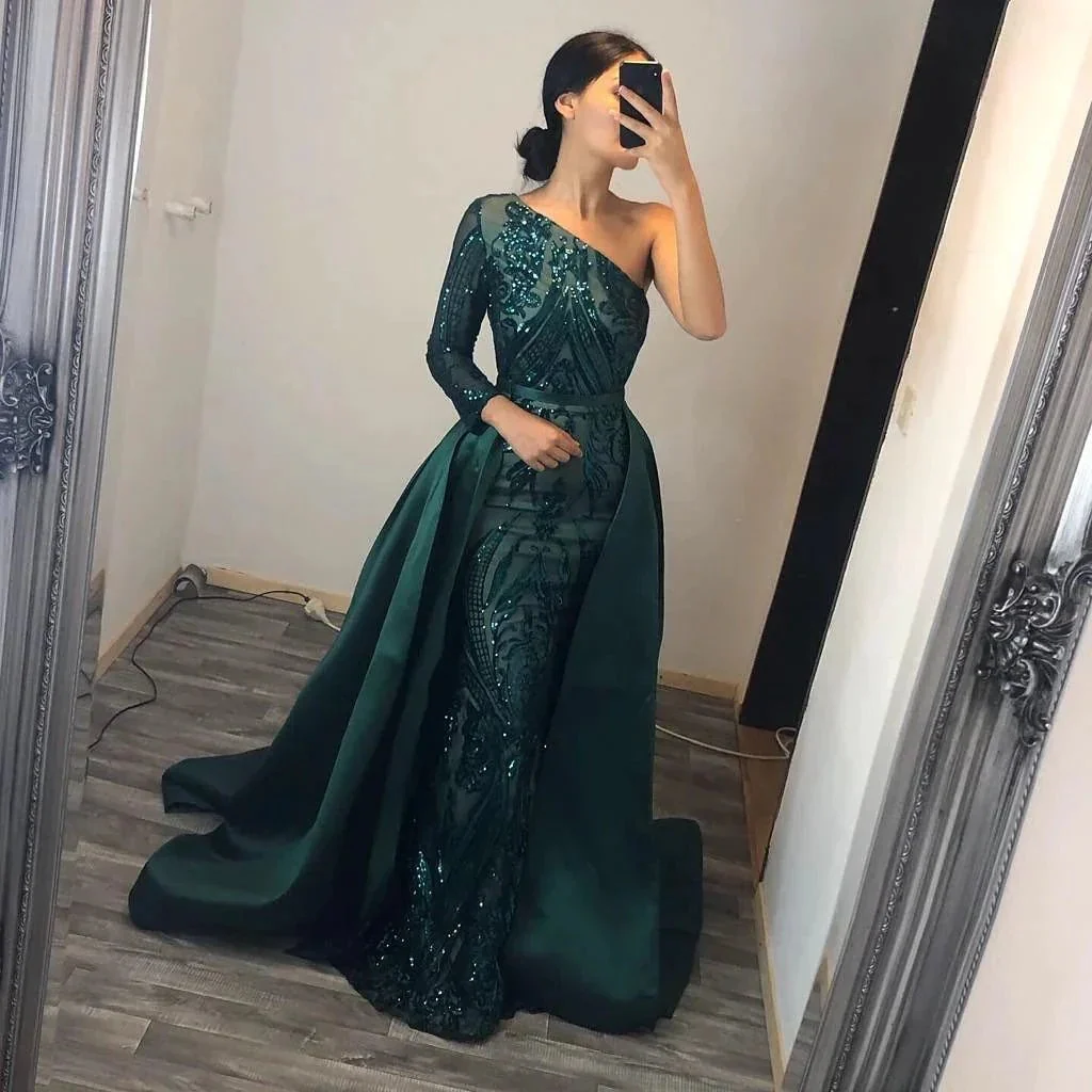 Unique Mermaid One Shoulder Sequins Long Prom Dress with Sleeves - Image 2