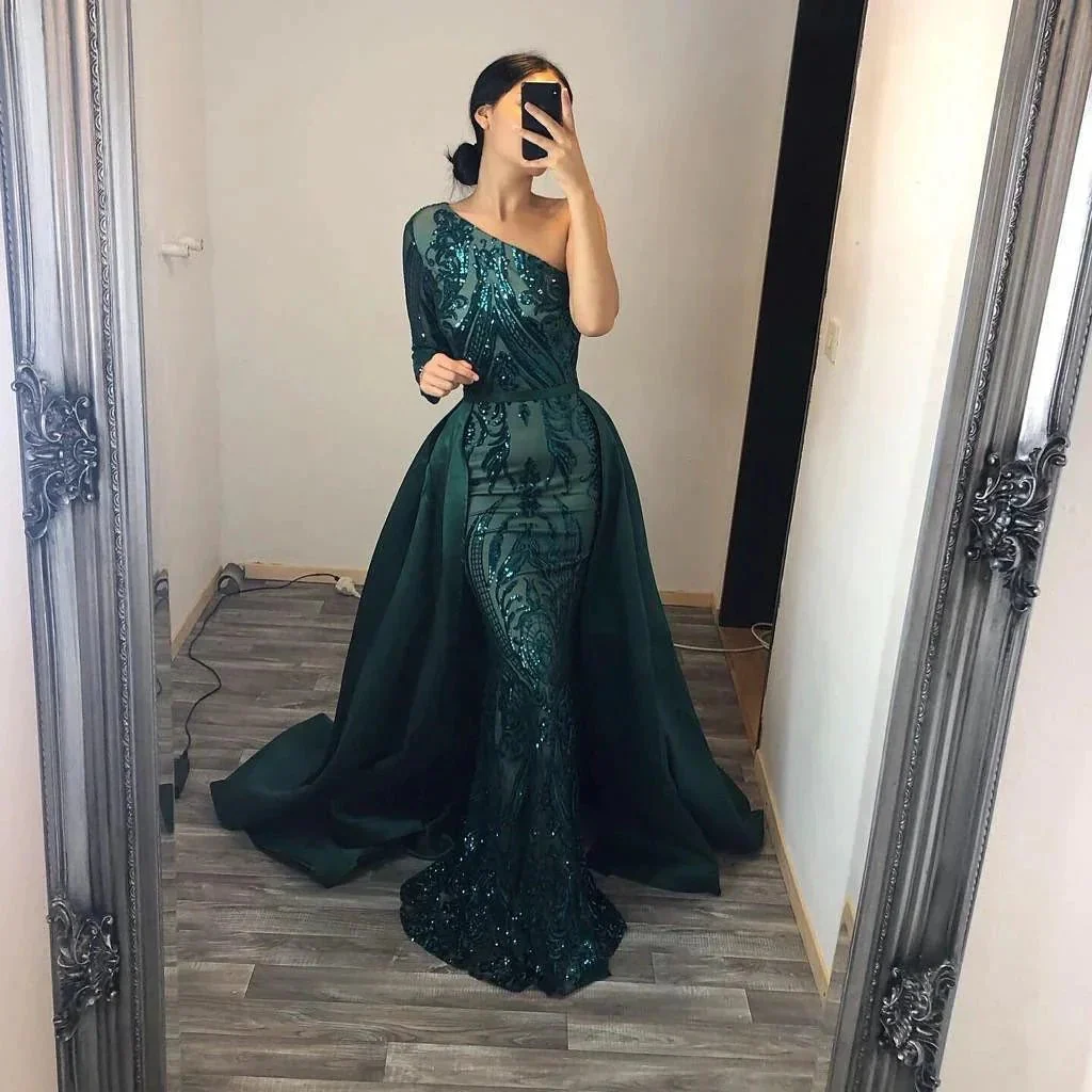 Unique Mermaid One Shoulder Sequins Long Prom Dress with Sleeves - Image 3