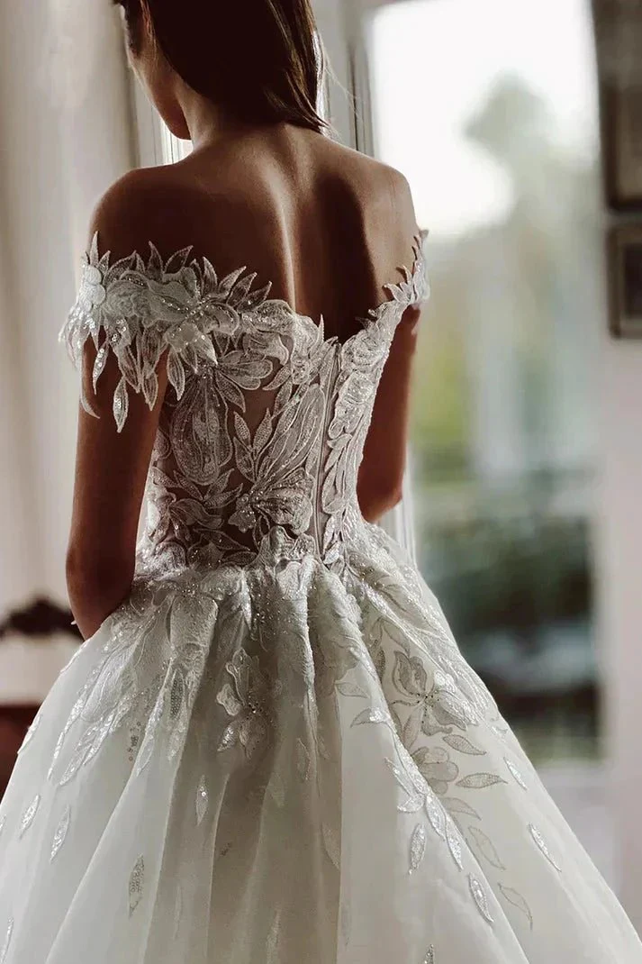 Unique Off The Shoulder Appliques Rustic Lace Wedding Dress WD683 - Image 3