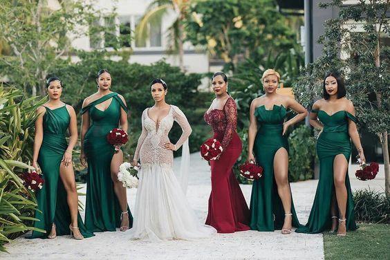 Unique Off-the-shoulder Strapless Emerald Green Elastic Satin Long Bridesmaid Dress - Image 2