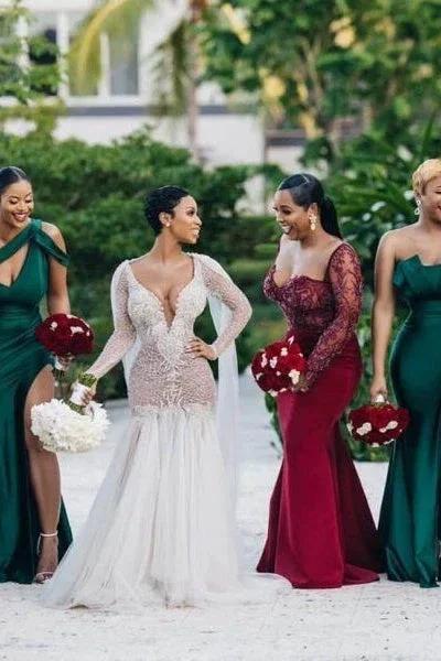 Unique Off-the-shoulder Strapless Emerald Green Elastic Satin Long Bridesmaid Dress - Image 3