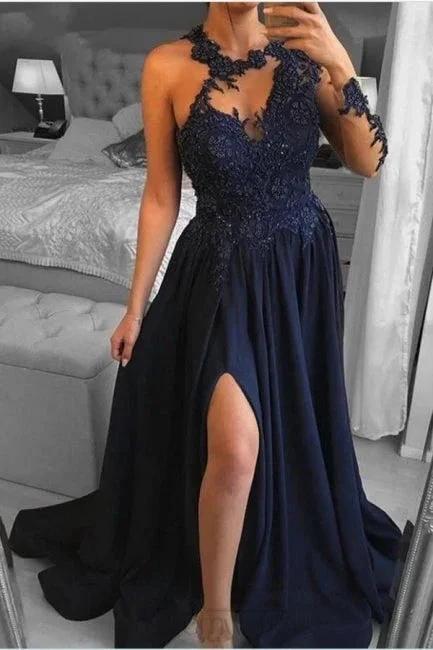Unique One-shoulder Long-Sleeve A-Line Floor-Length Chiffon Prom Dresses with Appliques - Image 3