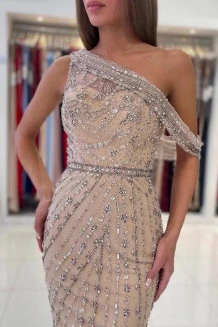 Unique One-shoulder Sleeveless Mermaid Satin Prom Dresses with Beading - Image 3