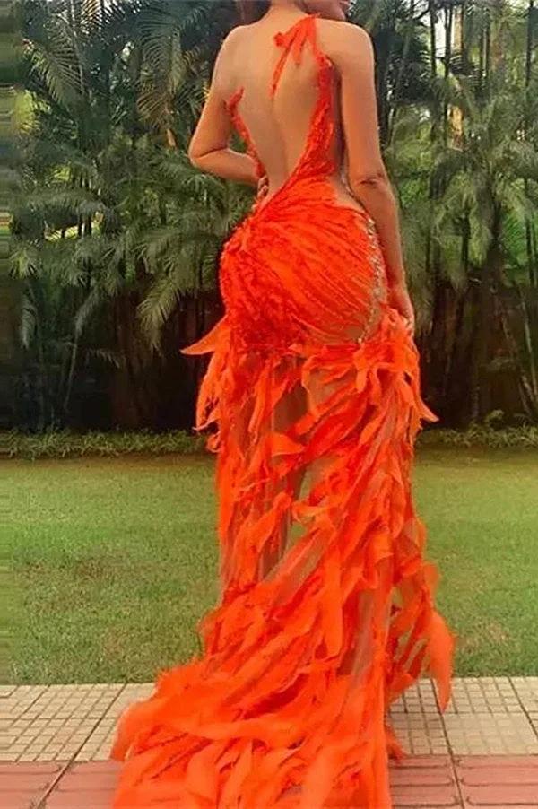 Unique Orange Jewel Sleeveless Asymmetrical Appliques Column Prom Dresses - Image 2