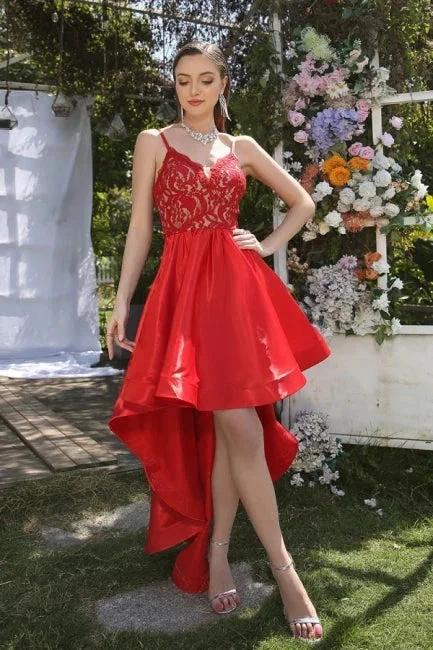 Unique Red Spaghetti Straps Sleeveless A-Line Prom Dresses with Lace - Image 3