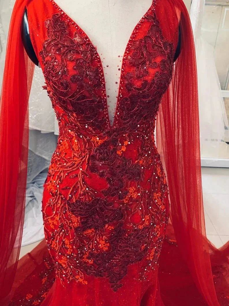 Unique Red Vintage Wedding Dress,Princess Bridal Gown Mermaid Prom Dress Y1573 - Image 2