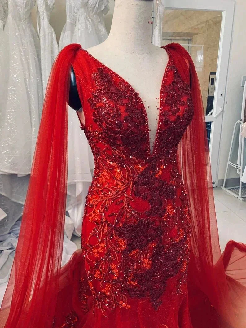 Unique Red Vintage Wedding Dress,Princess Bridal Gown Mermaid Prom Dress Y1573 - Image 3