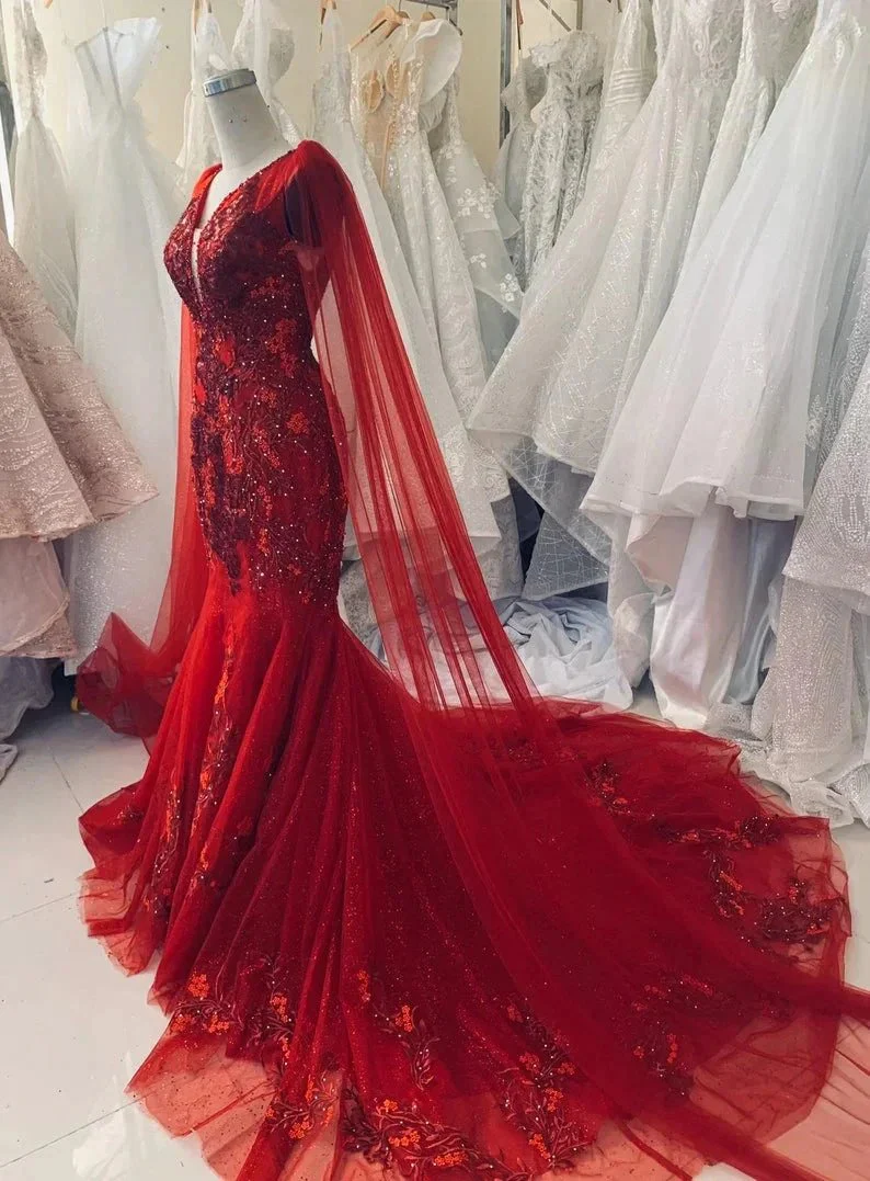 Unique Red Vintage Wedding Dress,Princess Bridal Gown Mermaid Prom Dress Y1573 - Image 4
