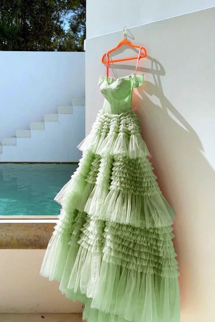 Unique Sage Green Tiered Tulle Ball Gown Dress For Prom  Y4500 - Image 2