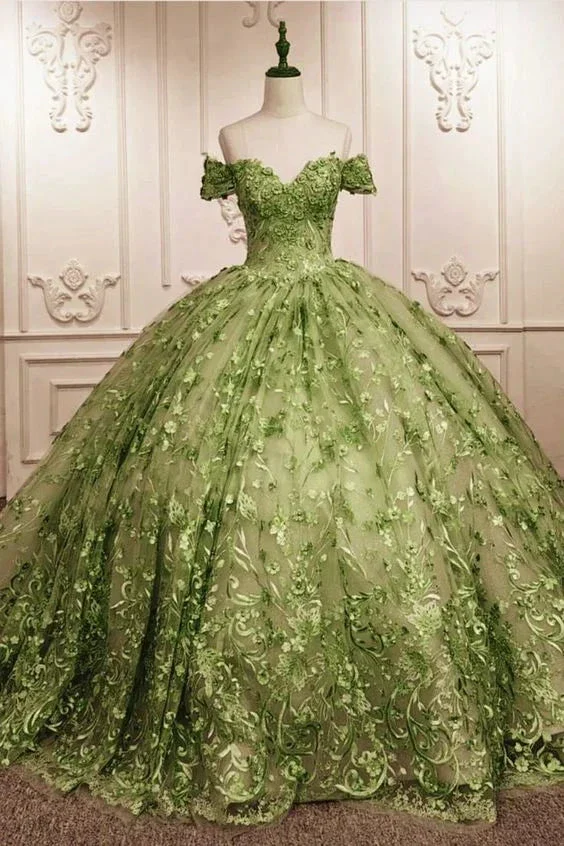 unique sage lace ball gown off the shoulder quince dress for 15th birthday party Y6525 - Image 2