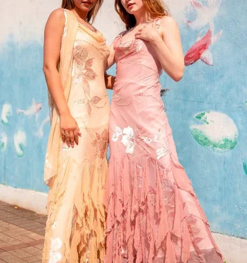 Unique Spaghetti Straps Chiffon Print Beaded Ruffles Evening Dress Mermaid Prom Dress Y8254 - Image 2