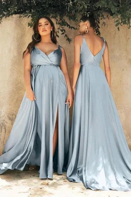 Unique Spaghetti Straps Sleeveless Column Floor-Length Elastic Woven Satin Prom Dresses with Ruffles - Image 2